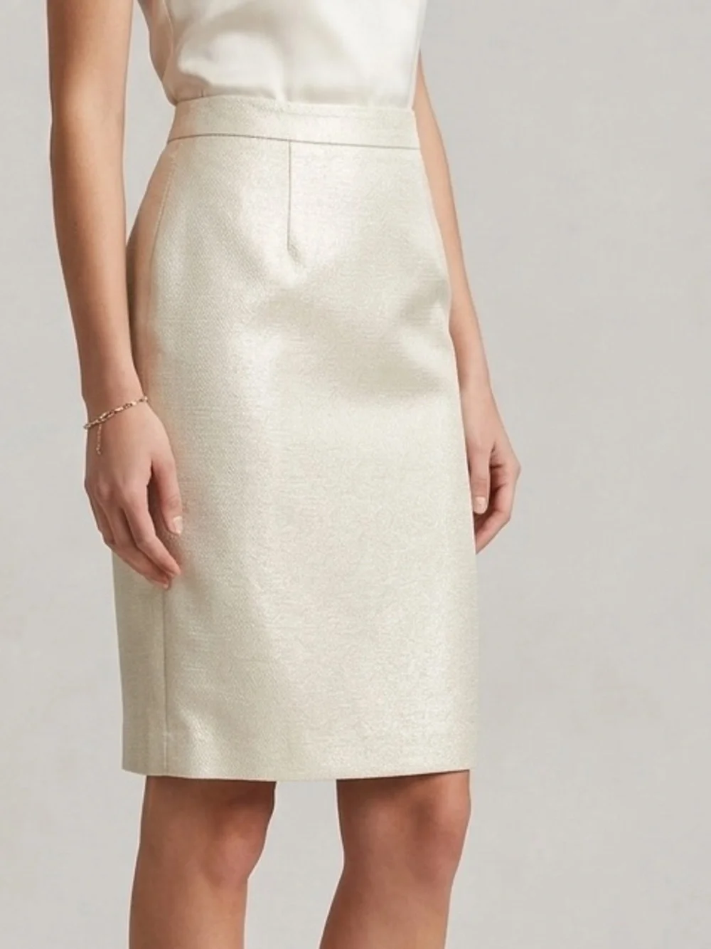 Vintage Y2K Carmen Marc Valvo Metallic off White Pencil Skirt Women sz 6